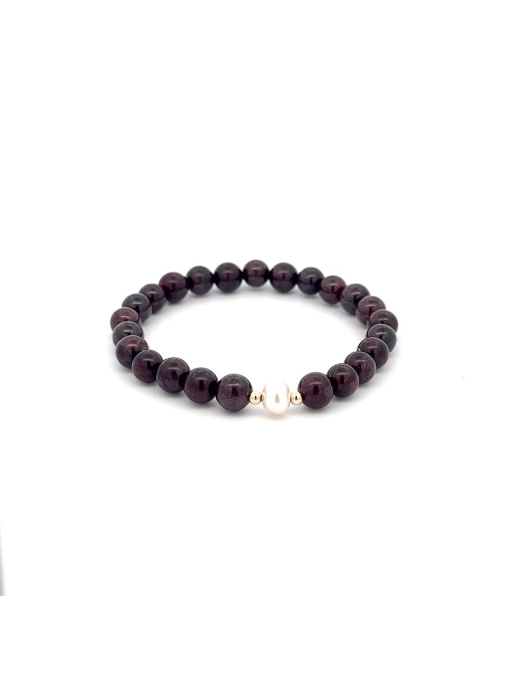 14K Solid Gold Tiny Beads Freshwater Pearl Garnet Stretch Gemstone Bracelet